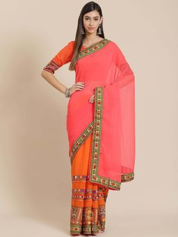 SERONA FABRICS - Orange Georgette Embroidered Half & Half Saree With Unstitched Blouse