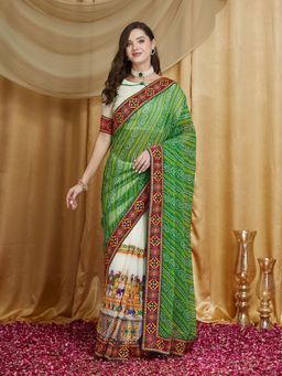 SERONA FABRICS - Green Georgette Bandhani Embroidered Half & Half Saree With Unstitched Blouse