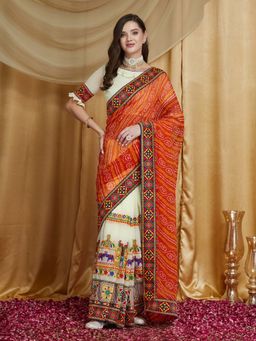 SERONA FABRICS - Orange Georgette Bandhani Embroidered Half & Half Saree With Unstitched Blouse