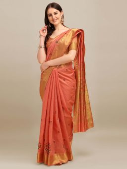SERONA FABRICS - Peach Cotton Silk Embroidered Handloom Saree With Unstitched Blouse
