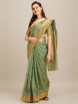 SERONA FABRICS - Green Cotton Silk Embroidered Handloom Saree With Unstitched Blouse