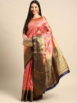 SERONA FABRICS - Pink Banarasi Silk Woven Handloom Saree With Unstitched Blouse