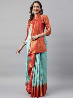 SERONA FABRICS - Blue Banarasi Silk Woven Handloom Saree With Unstitched Blouse