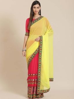 SERONA FABRICS - Pink Georgette Embroidered Half & Half Saree With Unstitched Blouse