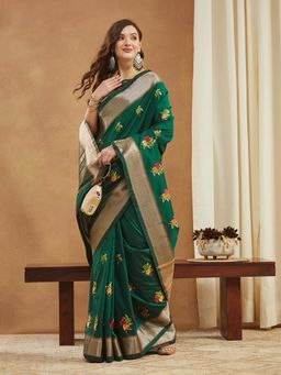 SERONA FABRICS - Green Cotton Silk Embroidered Handloom Saree With Unstitched Blouse