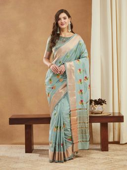 SERONA FABRICS - Blue Cotton Silk Embroidered Handloom Saree With Unstitched Blouse