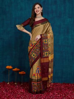 SERONA FABRICS - Beige Cotton Silk Embroidered Handloom Saree With Unstitched Blouse