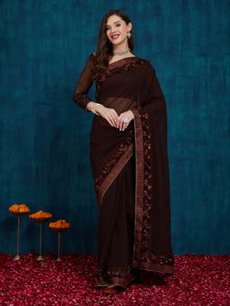 SERONA FABRICS - Brown Georgette Lace Work Solid/Plain Saree With Unstitched Blouse