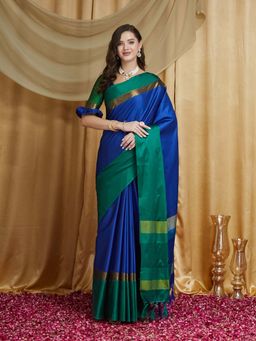 SERONA FABRICS - Navy Blue Cotton Silk Tassels Handloom Saree With Unstitched Blouse