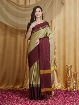 SERONA FABRICS - Beige Cotton Silk Tassels Handloom Saree With Unstitched Blouse