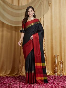 SERONA FABRICS - Black Cotton Silk Tassels Handloom Saree With Unstitched Blouse