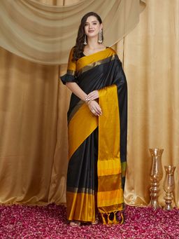 SERONA FABRICS - Black Cotton Silk Tassels Handloom Saree With Unstitched Blouse