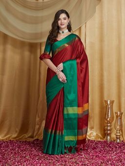 SERONA FABRICS - Red Cotton Silk Tassels Handloom Saree With Unstitched Blouse