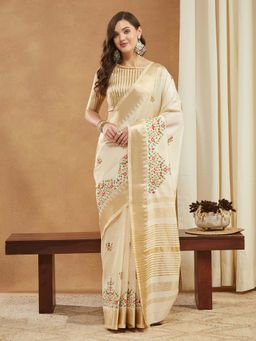 SERONA FABRICS - Cream Cotton Silk Embroidered Handloom Saree With Unstitched Blouse