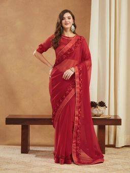 SERONA FABRICS - Red Georgette Lace Work Solid/Plain Saree With Unstitched Blouse