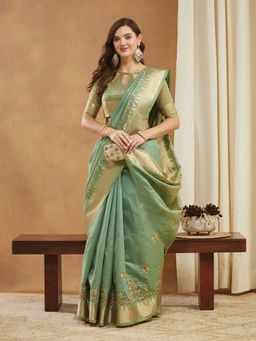 SERONA FABRICS - Green Cotton Silk Embroidered Handloom Saree With Unstitched Blouse