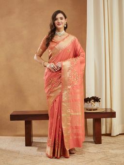 SERONA FABRICS - Peach Cotton Silk Embroidered Handloom Saree With Unstitched Blouse