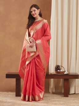 SERONA FABRICS - Pink Moonga Silk Woven Handloom Saree With Unstitched Blouse