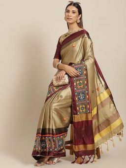 SERONA FABRICS - Beige Cotton Silk Embroidered Handloom Saree With Unstitched Blouse