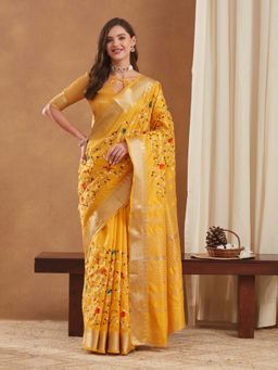 SERONA FABRICS - Yellow Cotton Silk Embroidered Half & Half Saree With Unstitched Blouse