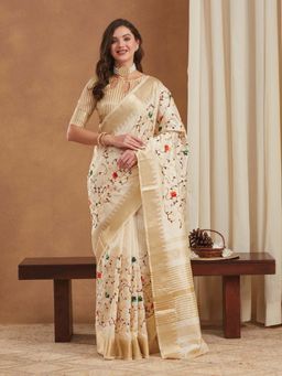 SERONA FABRICS - Cream Cotton Silk Embroidered Half & Half Saree With Unstitched Blouse