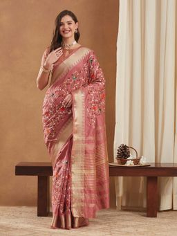 SERONA FABRICS - Pink Cotton Silk Embroidered Half & Half Saree With Unstitched Blouse