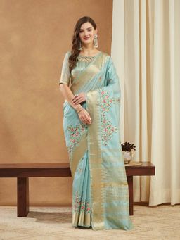 SERONA FABRICS - Blue Cotton Silk Embroidered Handloom Saree With Unstitched Blouse