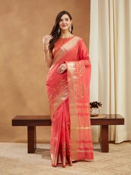 SERONA FABRICS - Pink Cotton Silk Embroidered Handloom Saree With Unstitched Blouse