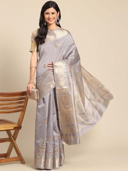SERONA FABRICS - Grey Cotton Silk Embroidered Handloom Saree With Unstitched Blouse