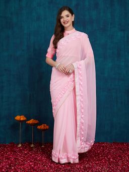 SERONA FABRICS - Pink Georgette Lace Work Solid/Plain Saree With Unstitched Blouse
