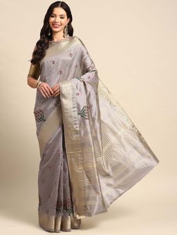 SERONA FABRICS - Grey Cotton Silk Embroidered Handloom Saree With Unstitched Blouse