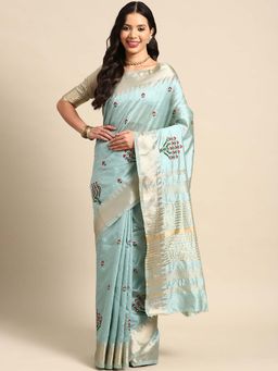 SERONA FABRICS - Blue Cotton Silk Embroidered Handloom Saree With Unstitched Blouse