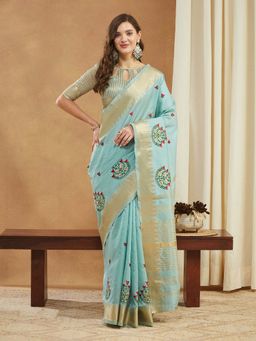 SERONA FABRICS - Blue Cotton Silk Embroidered Handloom Saree With Unstitched Blouse