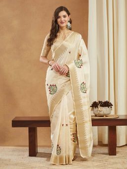 SERONA FABRICS - Cream Cotton Silk Embroidered Handloom Saree With Unstitched Blouse