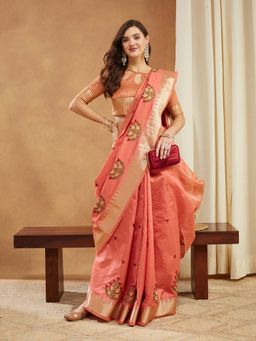 SERONA FABRICS - Peach Cotton Silk Embroidered Handloom Saree With Unstitched Blouse