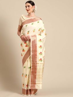 SERONA FABRICS - White Cotton Silk Embroidered Handloom Saree With Unstitched Blouse