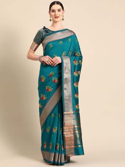 SERONA FABRICS - Blue Cotton Silk Embroidered Handloom Saree With Unstitched Blouse