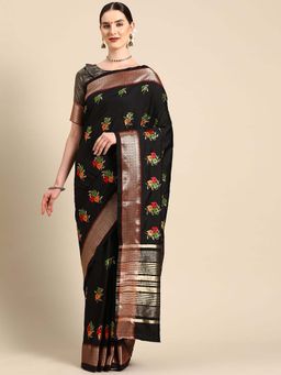 SERONA FABRICS - Black Cotton Silk Embroidered Handloom Saree With Unstitched Blouse