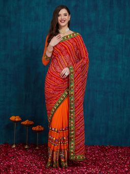 SERONA FABRICS - Orange Georgette Embroidered Half & Half Saree With Unstitched Blouse