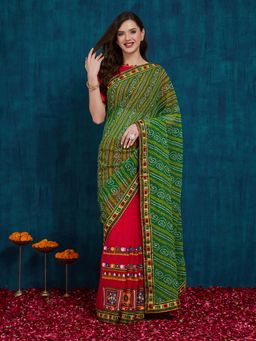 SERONA FABRICS - Red Georgette Mirror Work Embroidered Half & Half Saree With Unstitched Blouse