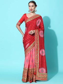 SERONA FABRICS - Pink Silk Bandhani Printed Half & Half Saree With Unstitched Blouse