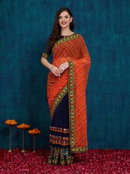 SERONA FABRICS - Navy Blue Georgette Embroidered Half & Half Saree With Unstitched Blouse