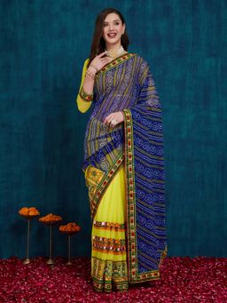 SERONA FABRICS - Yellow Georgette Embroidered Half & Half Saree With Unstitched Blouse