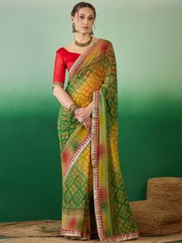 SERONA FABRICS - Green Georgette Bandhani Printed Half & Half Saree With Unstitched Blouse
