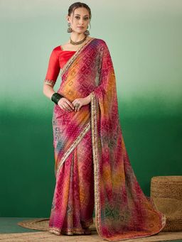 SERONA FABRICS - Multi-Color Georgette Bandhani Half & Half Saree With Unstitched Blouse
