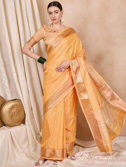 SERONA FABRICS - Yellow Cotton Silk Woven Handloom Saree With Unstitched Blouse