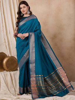 SERONA FABRICS - Blue Cotton Silk Woven Handloom Saree With Unstitched Blouse