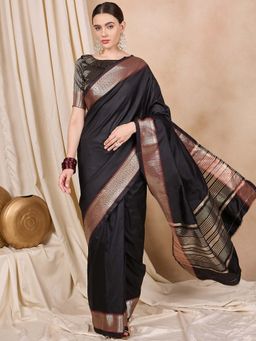 SERONA FABRICS - Black Cotton Silk Woven Handloom Saree With Unstitched Blouse