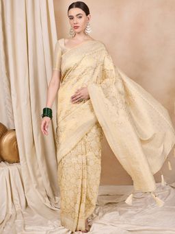 SERONA FABRICS - Cream Kanjeevaram Woven Handloom Saree With Unstitched Blouse