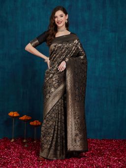 SERONA FABRICS - Black Kanjeevaram Woven Handloom Saree With Unstitched Blouse